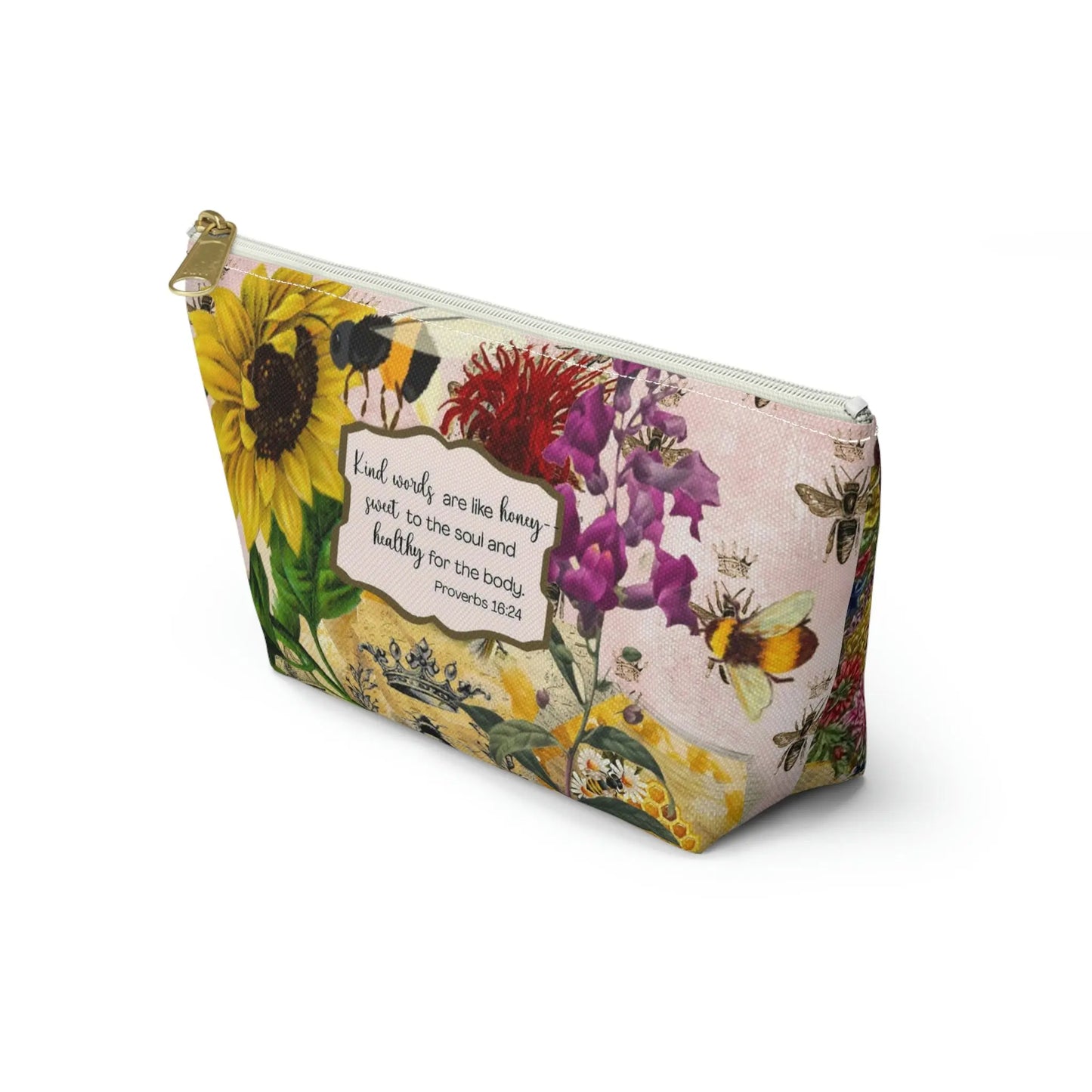 Kind Words are Like Honey Makeup Accessory Pouch w T-bottom - Vintage Honey Bee Printify