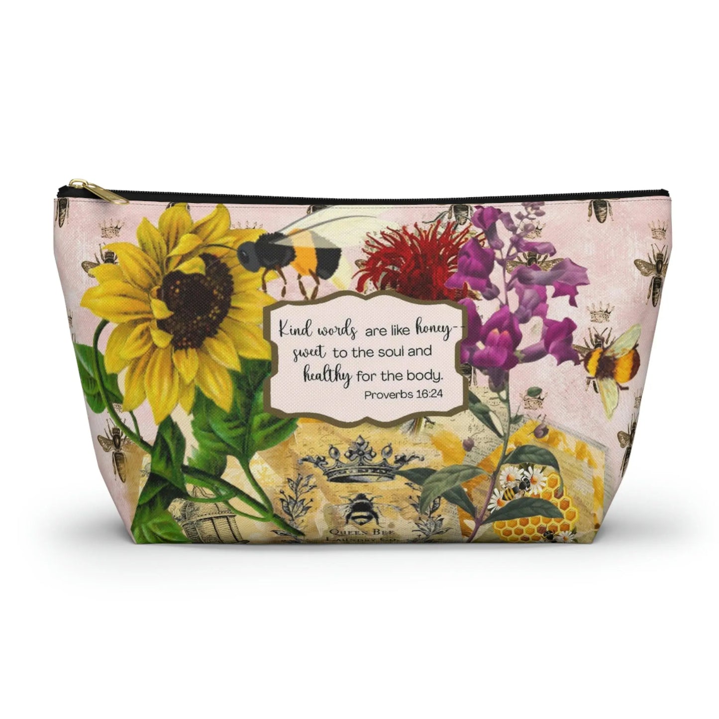 Kind Words are Like Honey Makeup Accessory Pouch w T-bottom - Vintage Honey Bee Printify