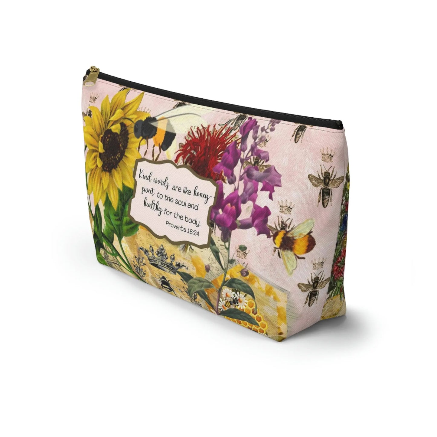 Kind Words are Like Honey Makeup Accessory Pouch w T-bottom - Vintage Honey Bee Printify