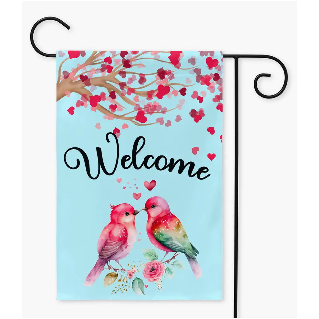 Love Birds Welcome Valentine's Day Garden Flag Amazing Faith Designs