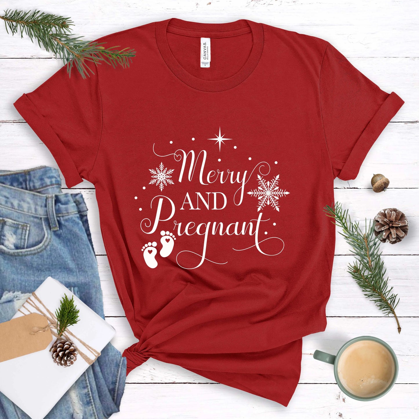 Merry and Pregnant Tee, Christmas Pregnancy Shirt, Pregnancy Announcement Tee, Holiday Maternity Shirt Printify