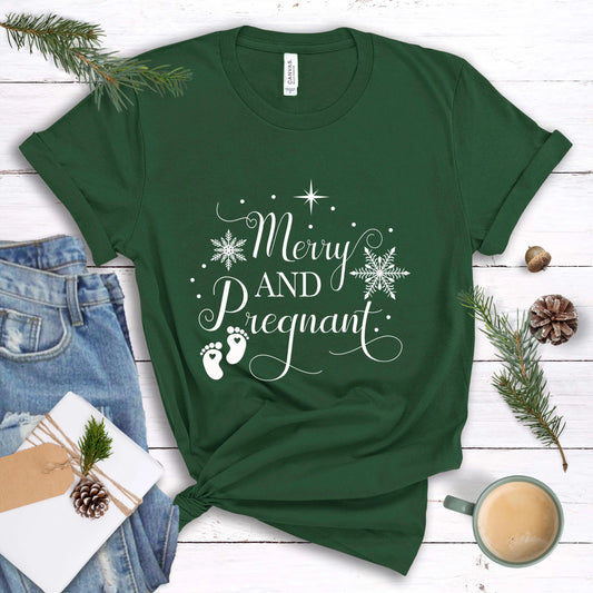 Merry and Pregnant Tee, Christmas Pregnancy Shirt, Pregnancy Announcement Tee, Holiday Maternity Shirt Printify