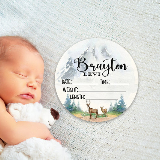 Mountain Deer Birth Stats Round Wood Baby Name Sign Amazing Faith Designs