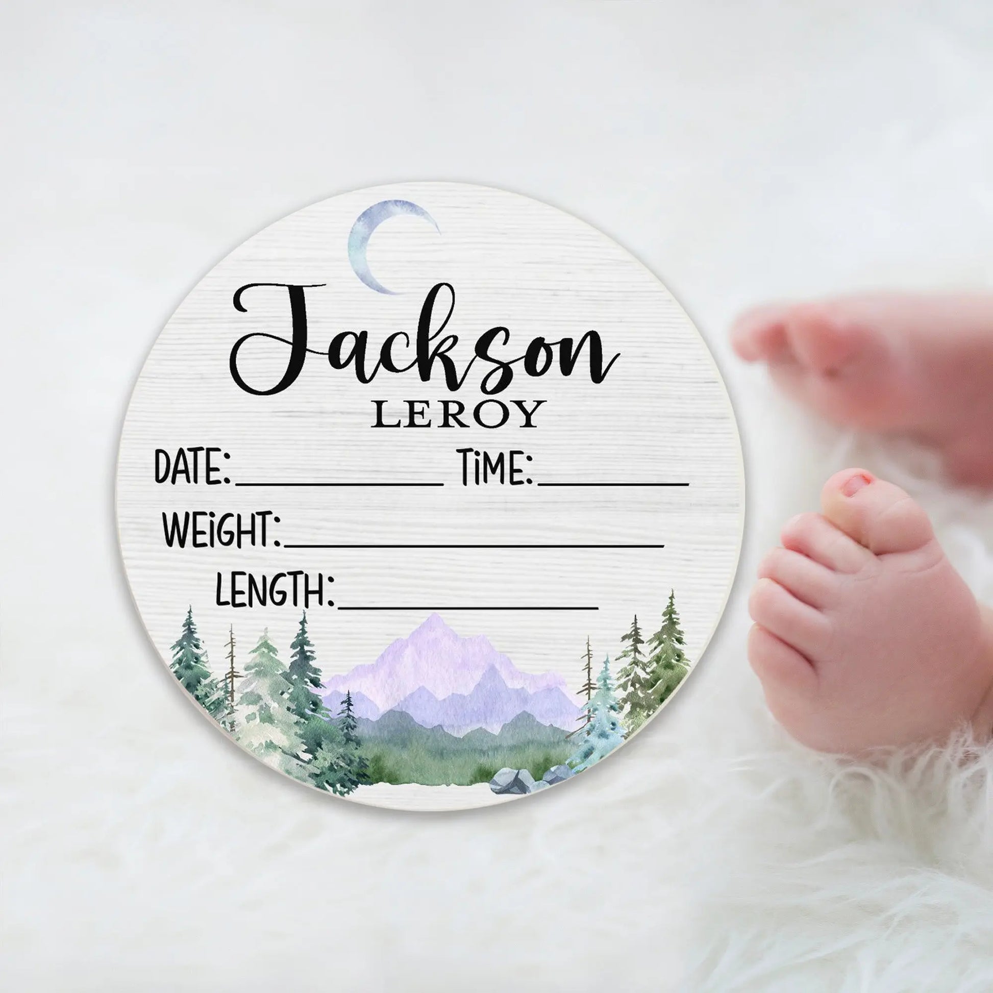 Mountains Birth Stats Round Wood Baby Name Sign Amazing Faith Designs