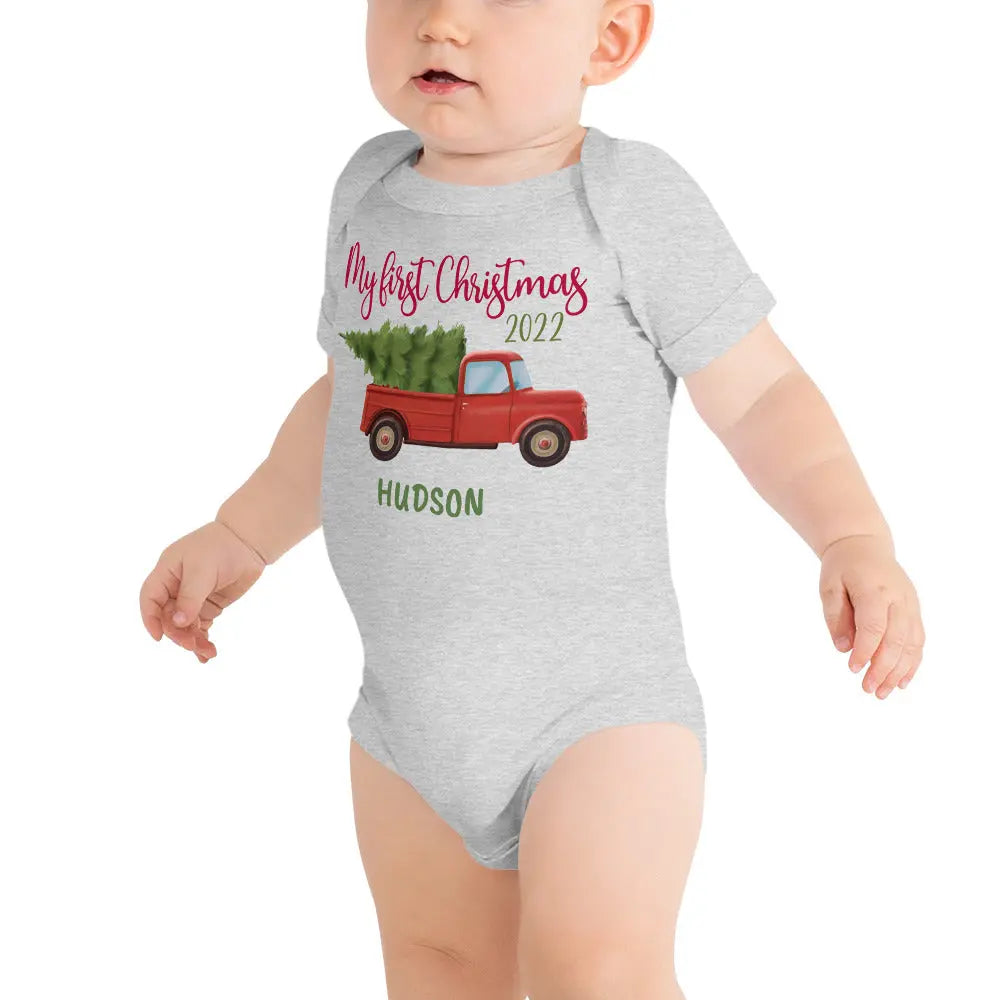 My First Christmas Pickup Personalized Baby Onesie Amazing Faith Designs