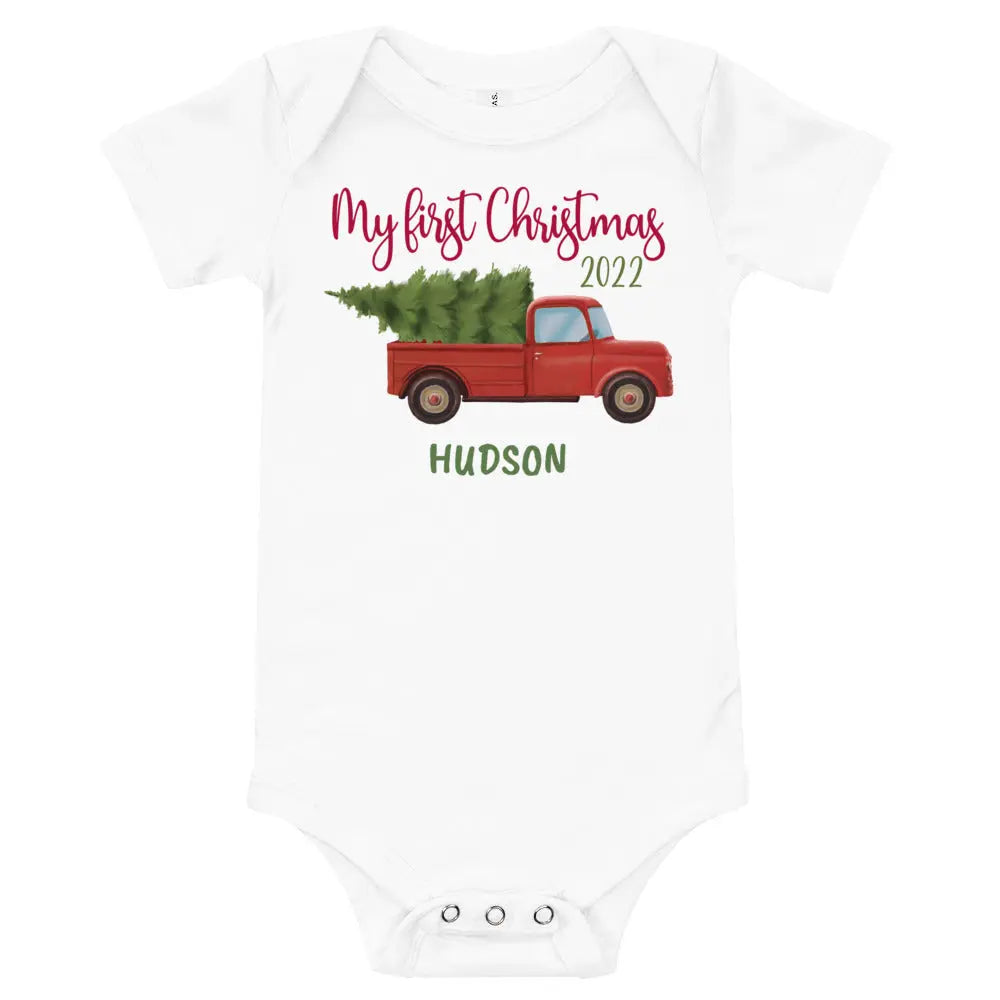 My First Christmas Pickup Personalized Baby Onesie Amazing Faith Designs