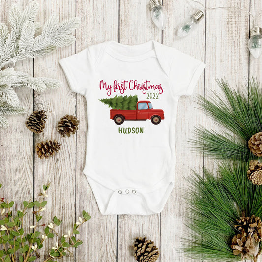 My First Christmas Pickup Personalized Baby Onesie Amazing Faith Designs