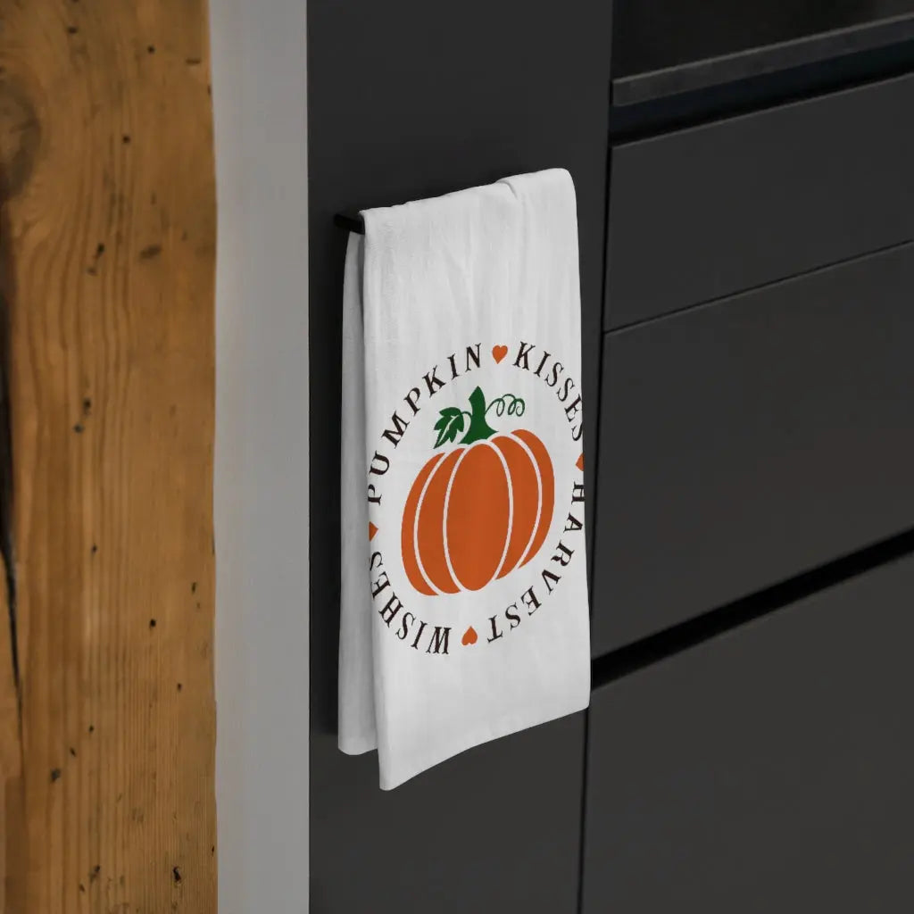Pumpkin Kisses Harvest Wishes Tea Towel, Fall Kitchen Towel, October, Halloween, Pumpkin Dish Towel, Cute Autumn Kitchen Towel Printify