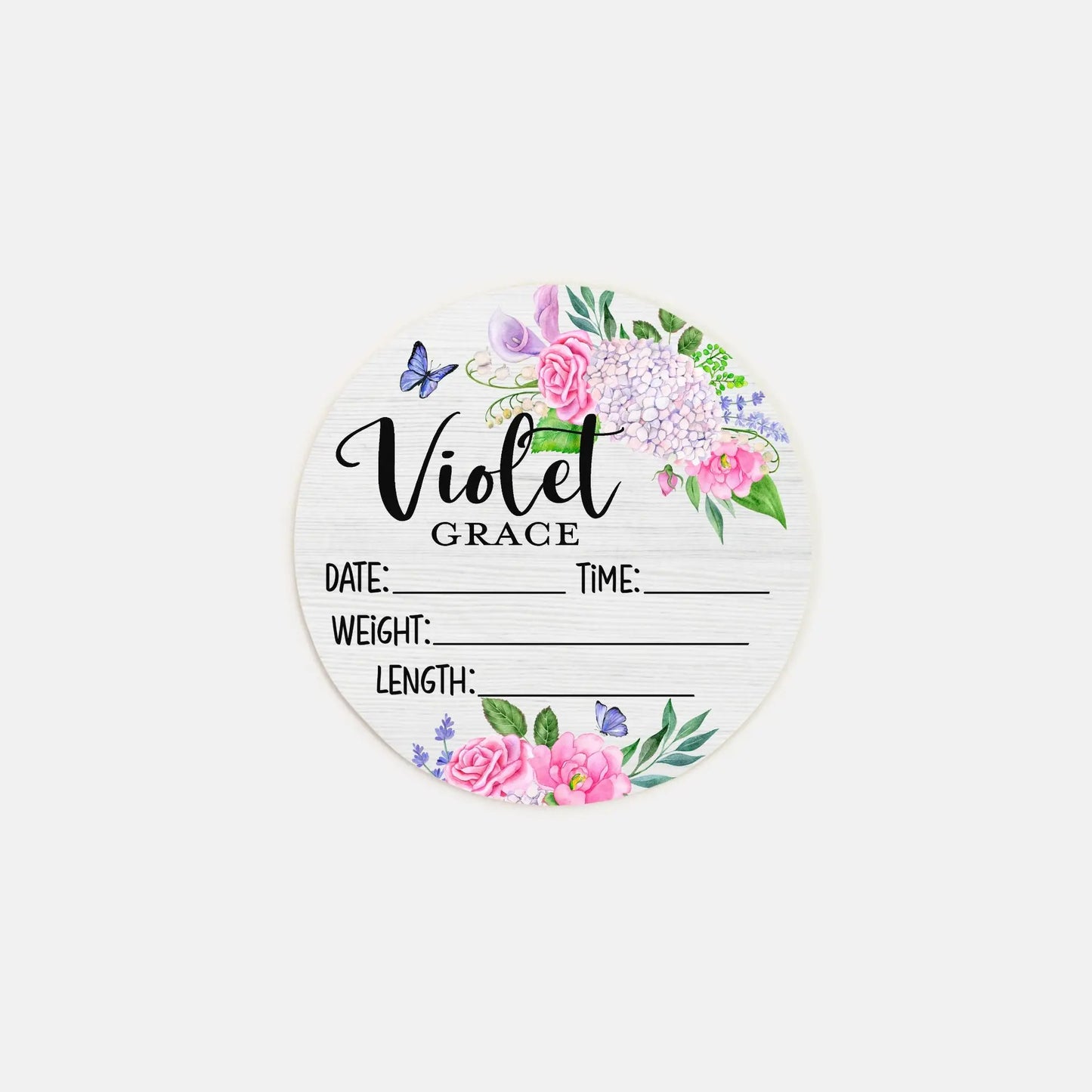 Purple Floral Birth Stats Round Wood Baby Name Sign Amazing Faith Designs