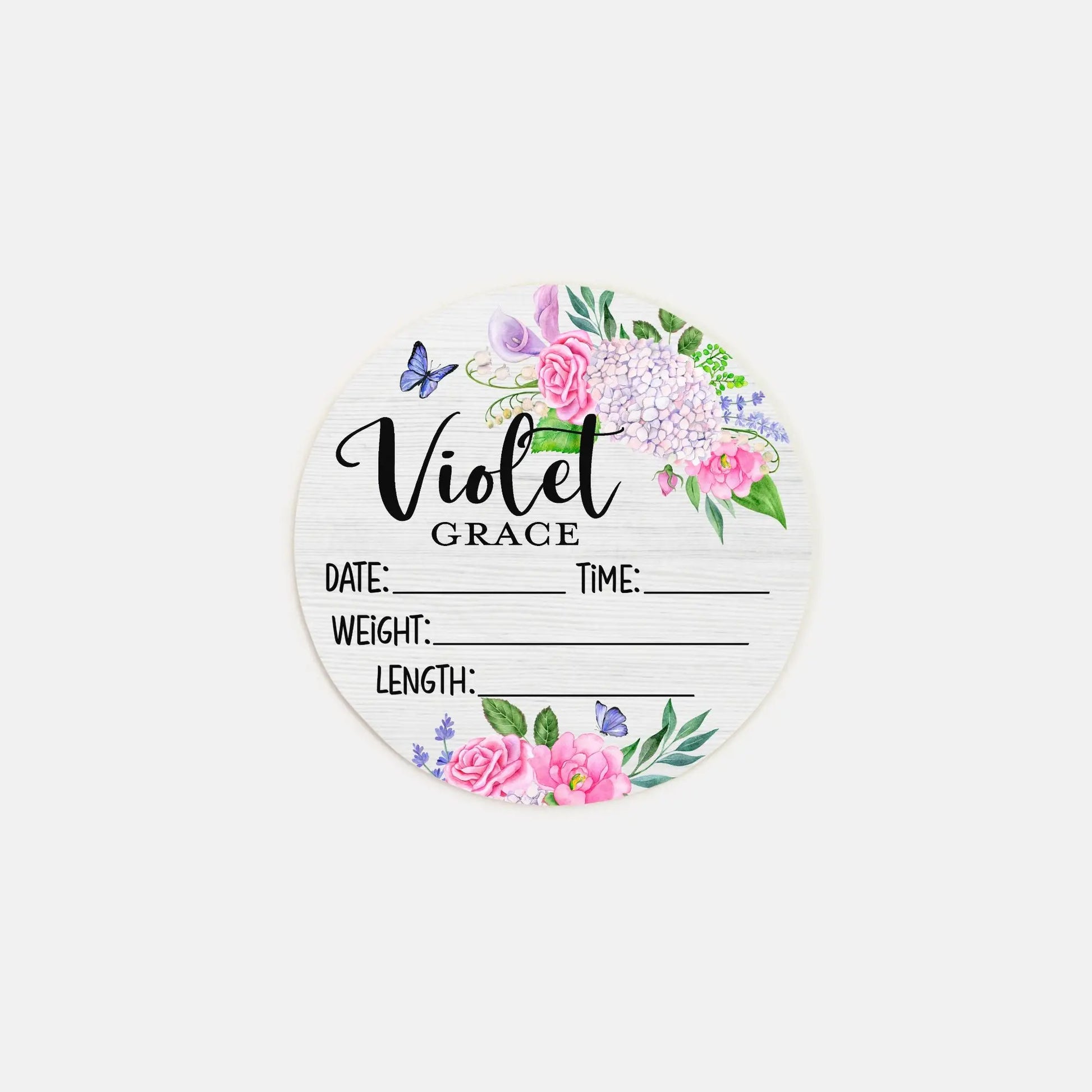 Purple Floral Birth Stats Round Wood Baby Name Sign Amazing Faith Designs