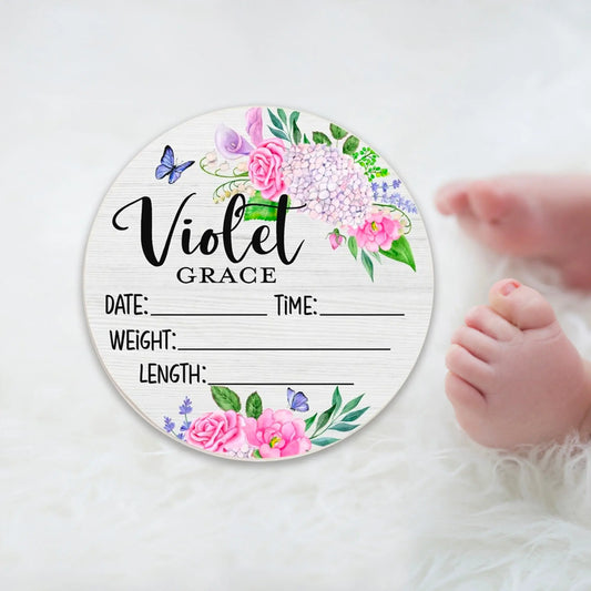Purple Floral Birth Stats Round Wood Baby Name Sign Amazing Faith Designs