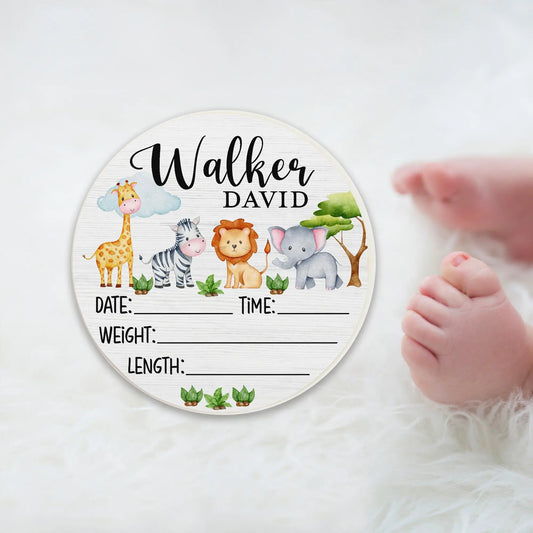 Safari Birth Stats Round Wood Baby Name Sign Amazing Faith Designs