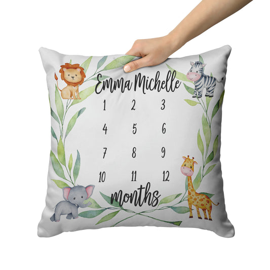 Safari Animals Personalized Baby Milestone Pillow - Amazing Faith Designs