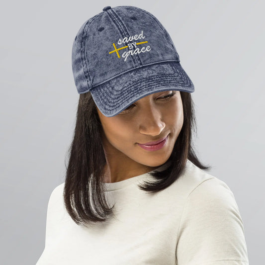 Saved By Grace Vintage Denim Cap Amazing Faith Designs