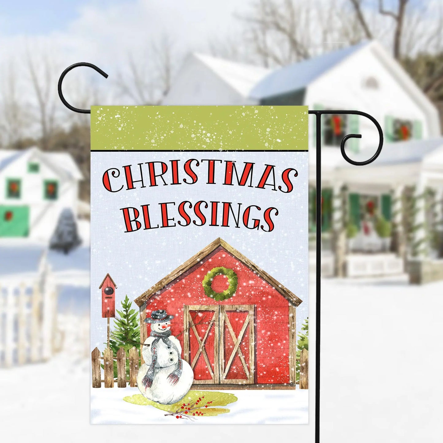 Snowman Barn Christmas Blessings Garden Flag Amazing Faith Designs