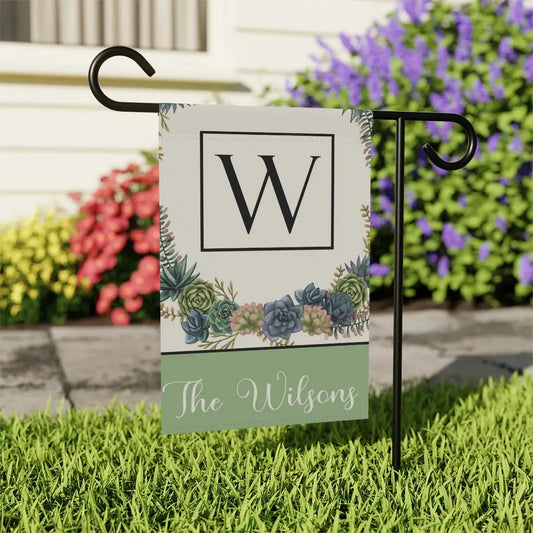 Succulent Flowers Garden Flag | Personalized Monogram Family Name Printify