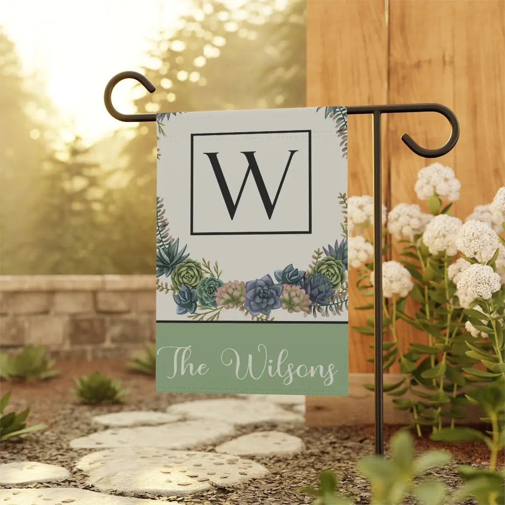 Succulent Flowers Garden Flag | Personalized Monogram Family Name Printify