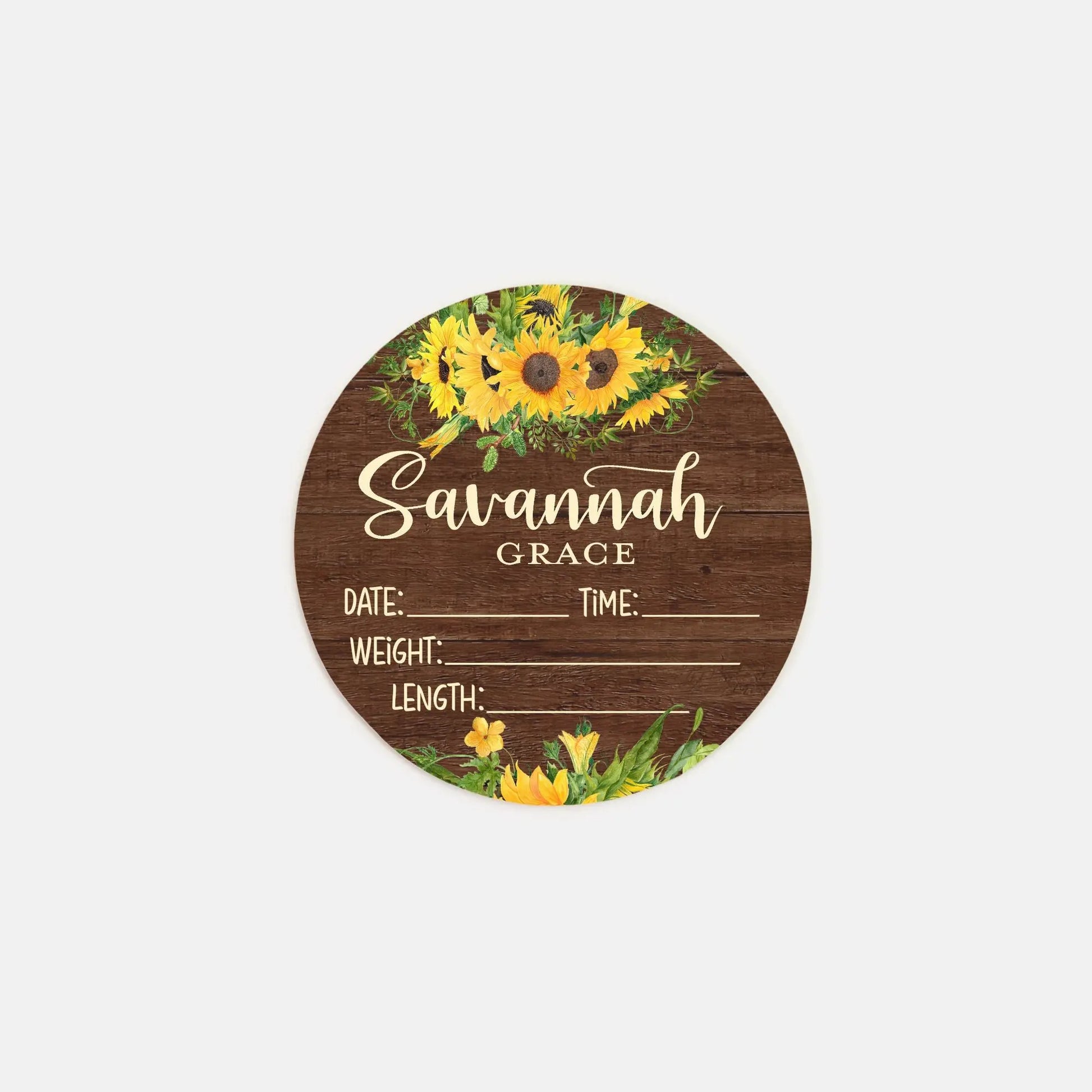Sunflowers Birth Stats Round Wood Baby Name Sign Amazing Faith Designs