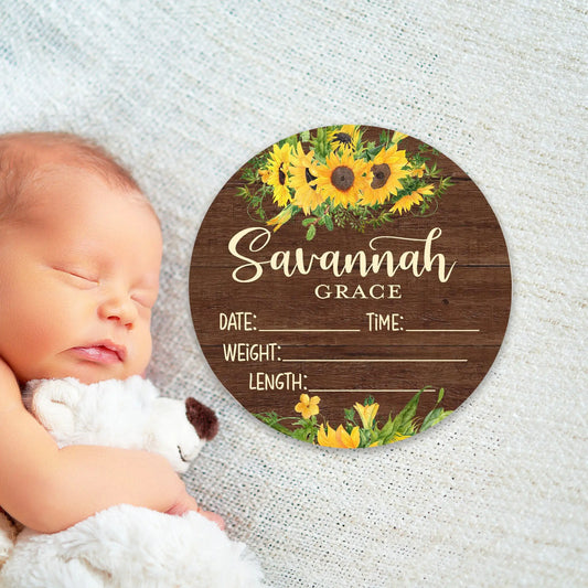 Sunflowers Birth Stats Round Wood Baby Name Sign Amazing Faith Designs