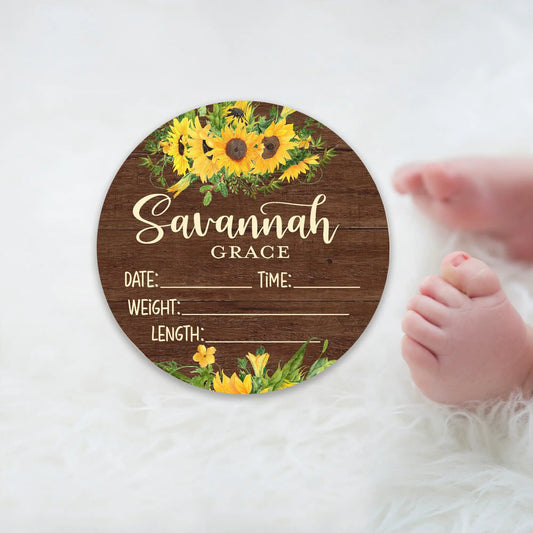 Sunflowers Birth Stats Round Wood Baby Name Sign Amazing Faith Designs