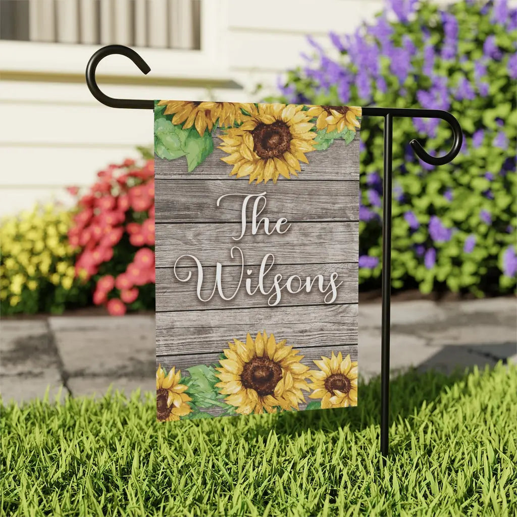 Sunflowers Rustic Family Name Garden Flag - Personalized Printify
