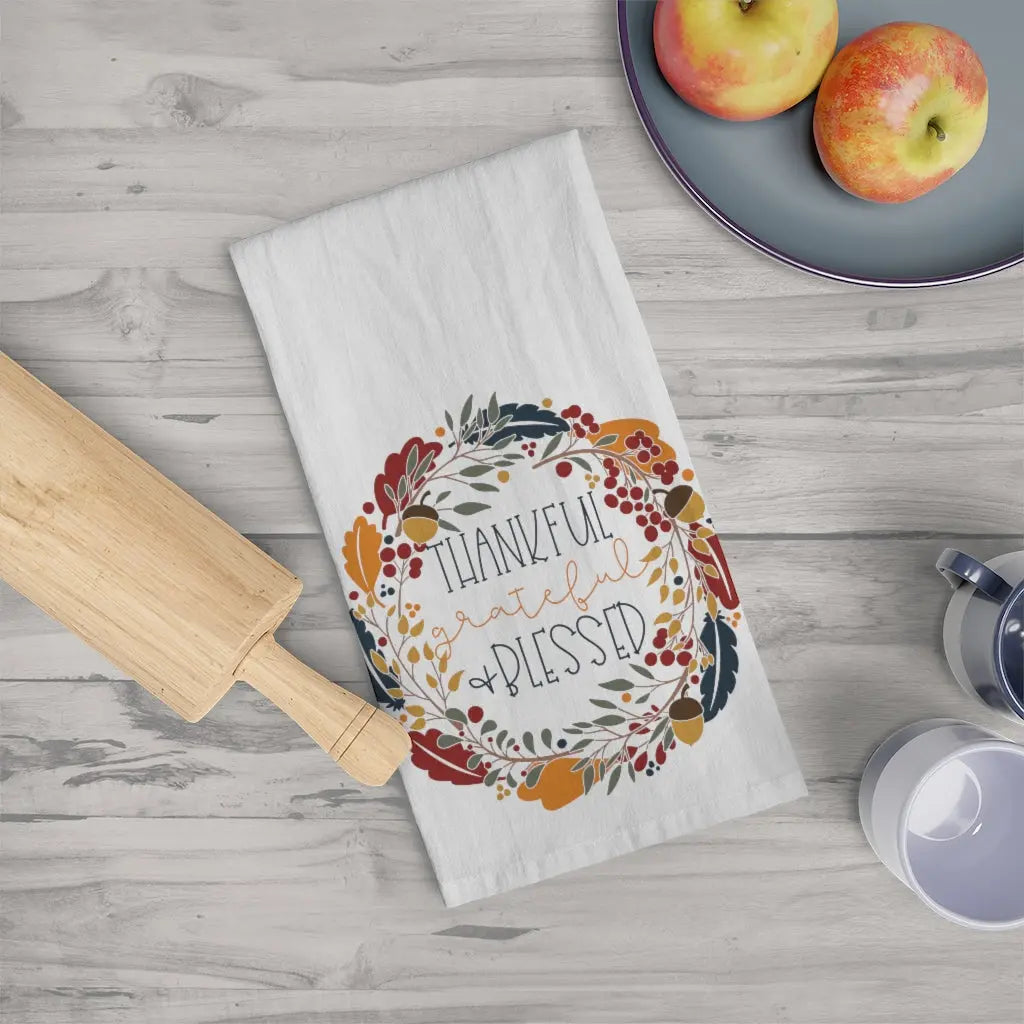 Thankful Grateful and Blessed Tea Towel, Fall Kitchen Towel, October, Halloween, Thanksgiving, Pumpkin Dish Towel, Cute Autumn Kitchen Towel Printify
