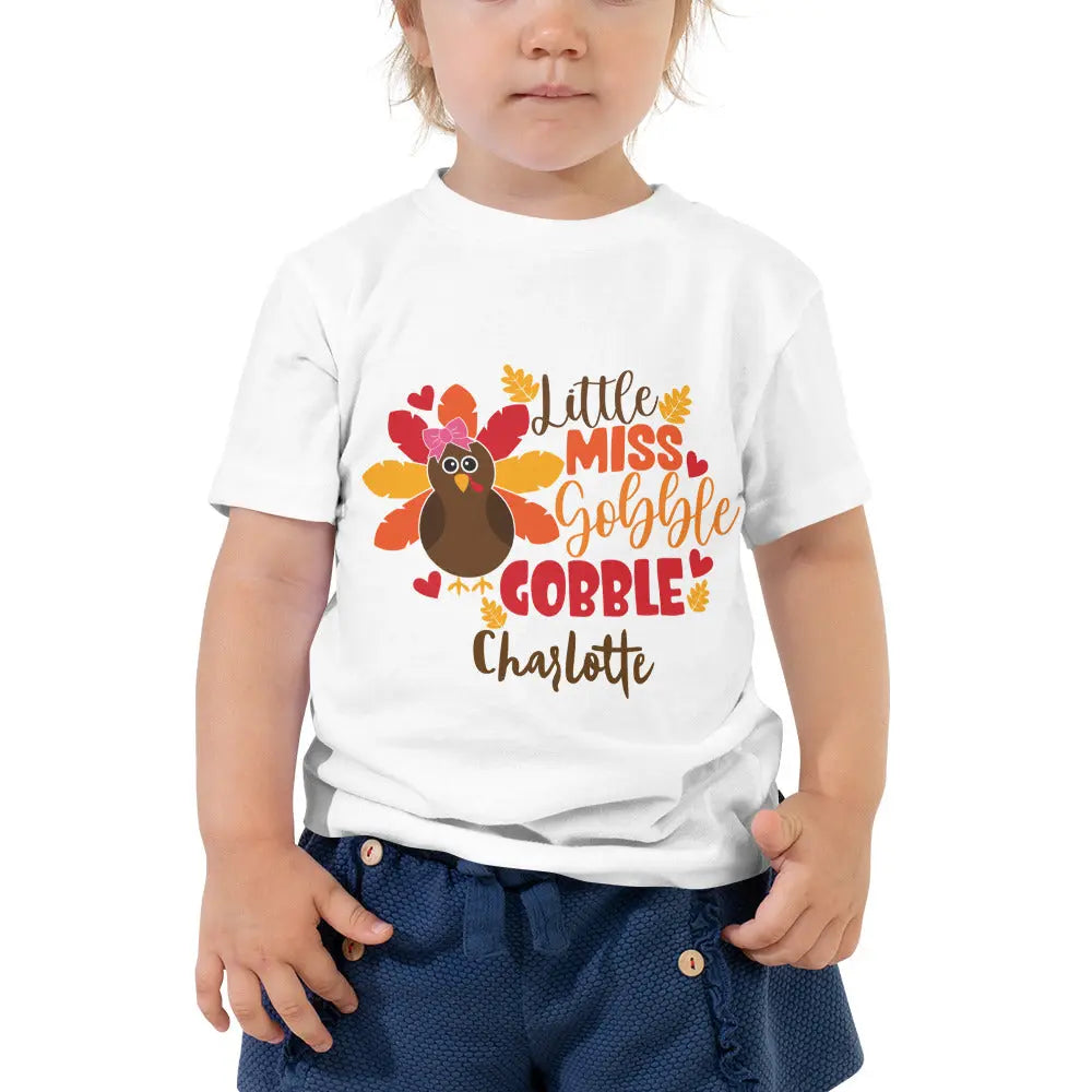 Thanksgiving Toddler Girls Short Sleeve Tee - Little Miss Gobble Gobble, Personalized Amazing Faith Designs