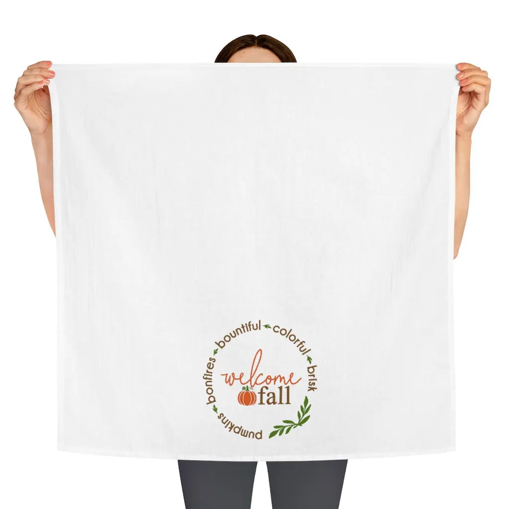 Welcome Fall Tea Towel, Fall Kitchen Towel, Farmhouse, October, Pumpkin Dish Towel, Cute Autumn Kitchen Towel Printify