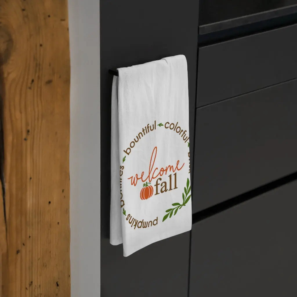 Welcome Fall Tea Towel, Fall Kitchen Towel, Farmhouse, October, Pumpkin Dish Towel, Cute Autumn Kitchen Towel Printify