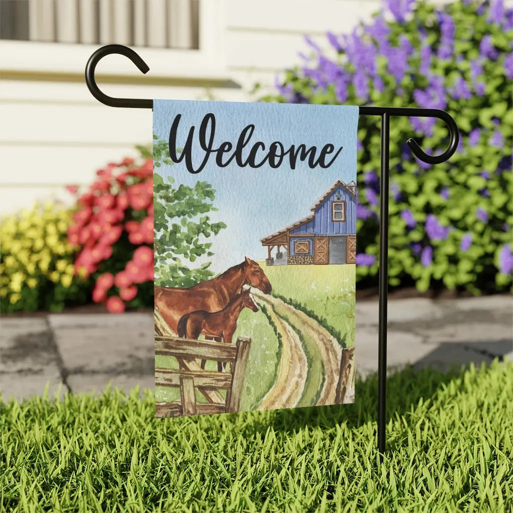 Welcome Horse Farm Garden Flag Printify