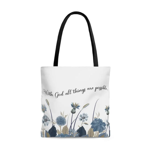 With God All Things Are Possible Blue Flower Scripture Tote Bag Printify