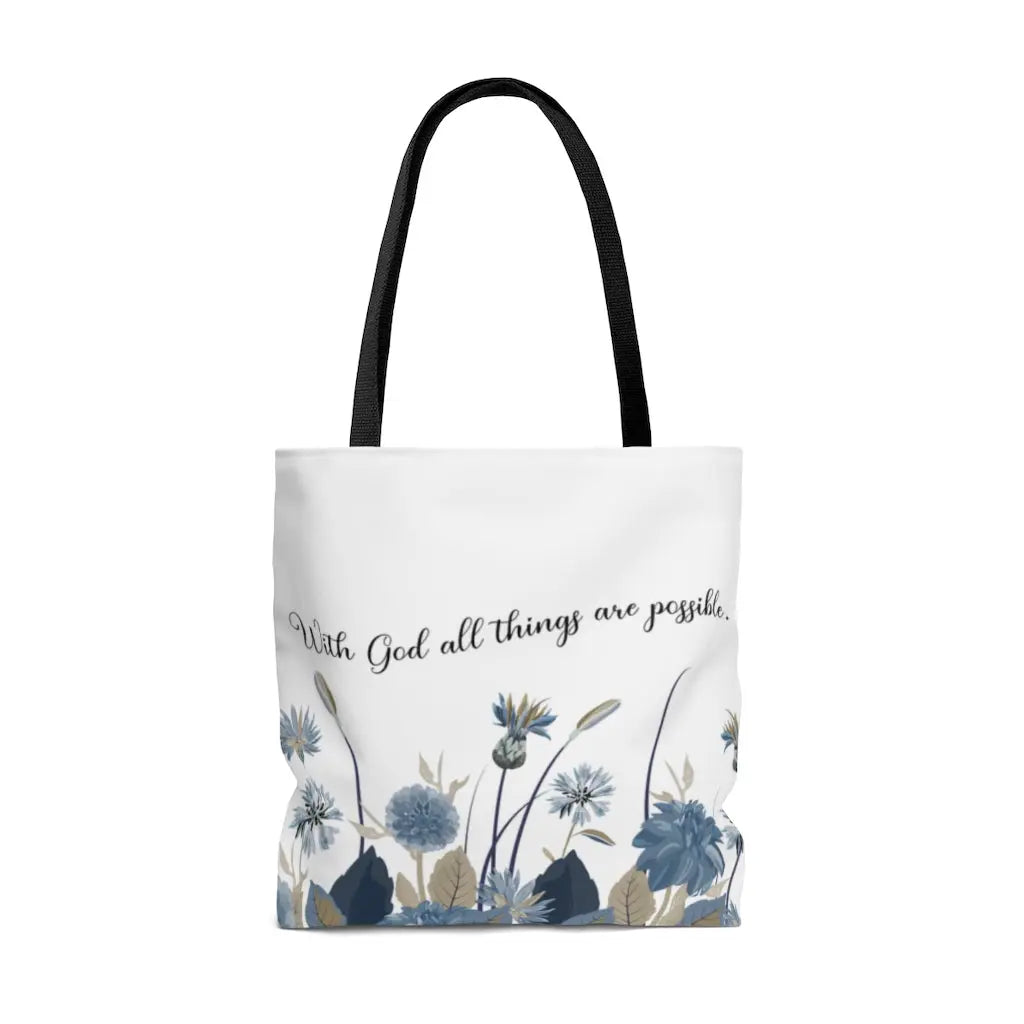 With God All Things Are Possible Blue Flower Scripture Tote Bag Printify