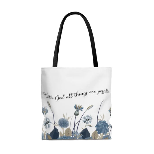With God All Things Are Possible Blue Flower Scripture Tote Bag Printify