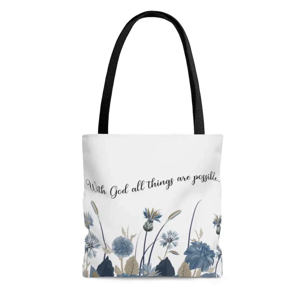 With God All Things Are Possible Blue Flower Scripture Tote Bag Printify