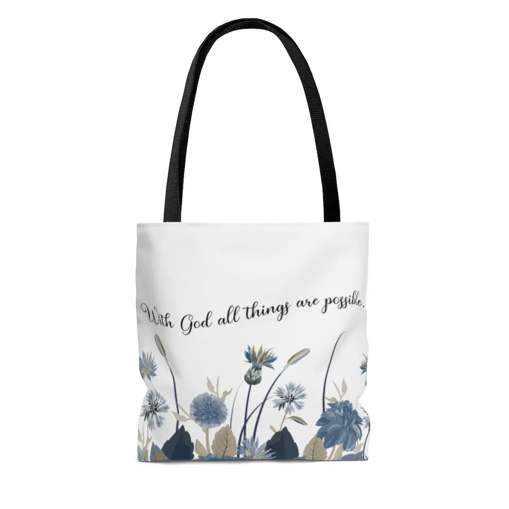 With God All Things Are Possible Blue Flower Scripture Tote Bag Printify