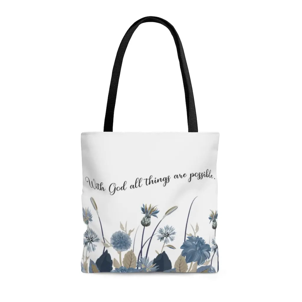 With God All Things Are Possible Blue Flower Scripture Tote Bag Printify