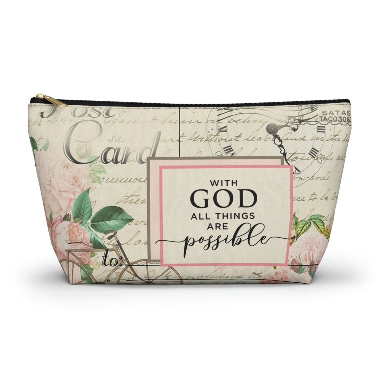With God All Things Are Possible Makeup Accessory Pouch w T-bottom - Vintage Bicycle Printify