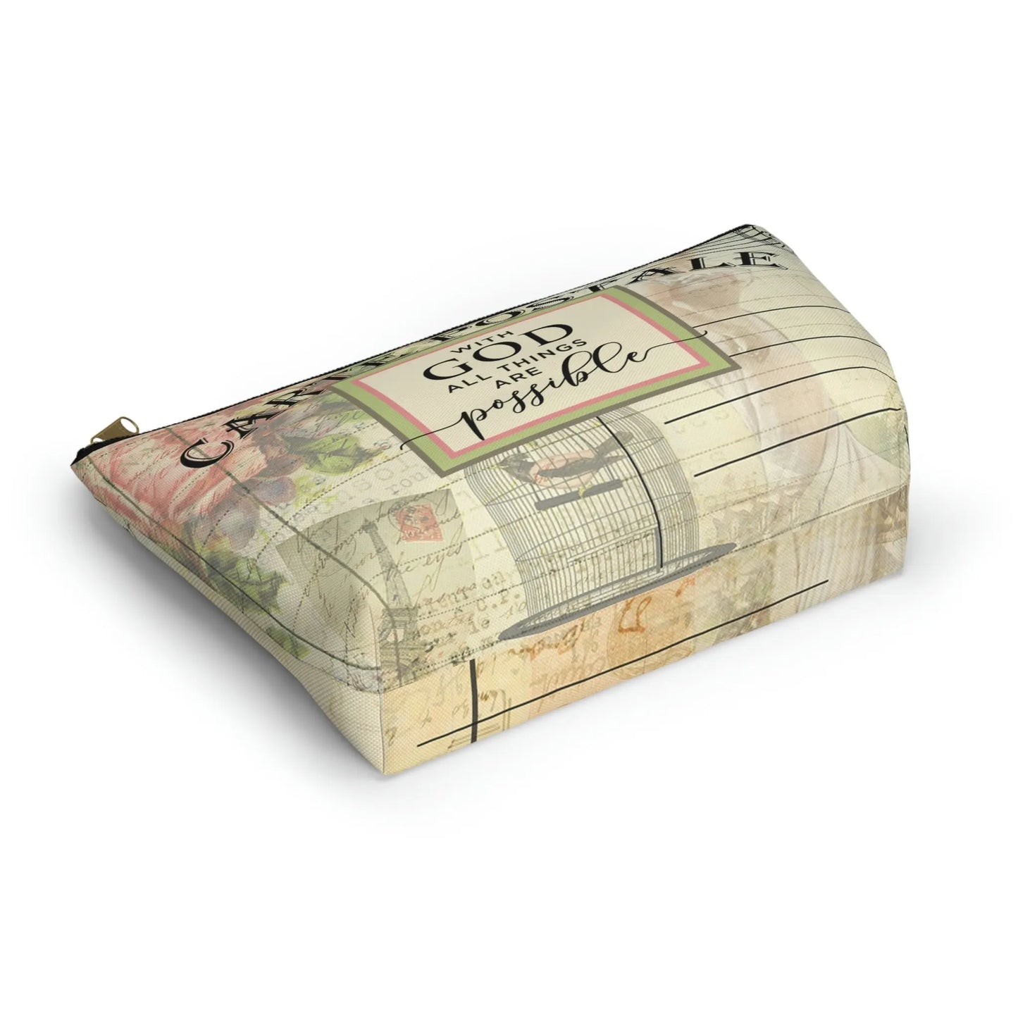 With God All Things Are Possible Makeup Accessory Pouch w T-bottom - Vintage Paris Dressmaker Printify