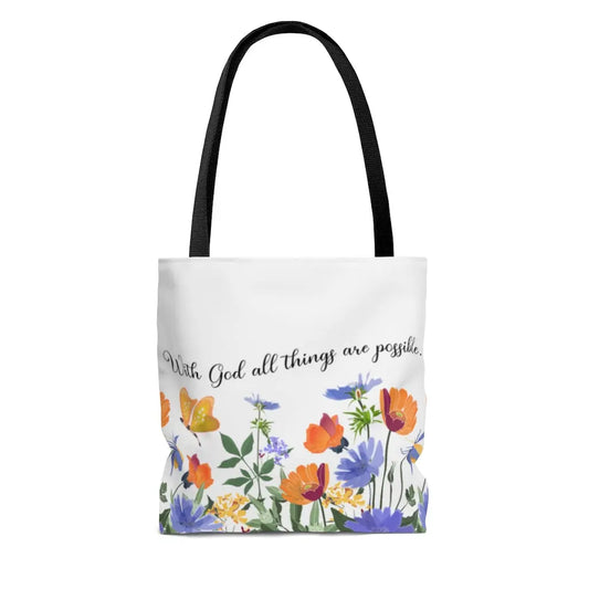 With God All Things Are Possible Orange Flower Scripture Tote Bag Printify