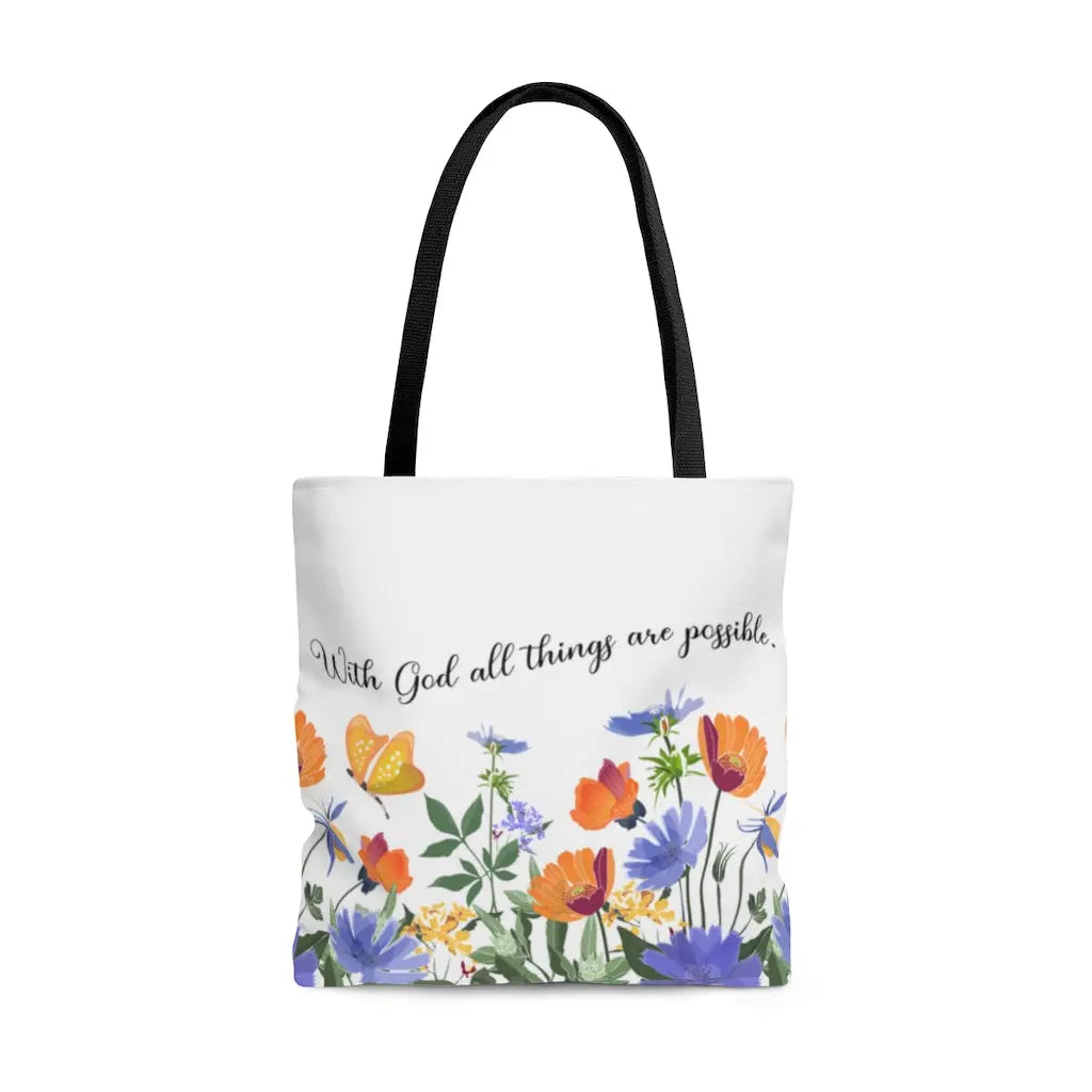 With God All Things Are Possible Orange Flower Scripture Tote Bag Printify