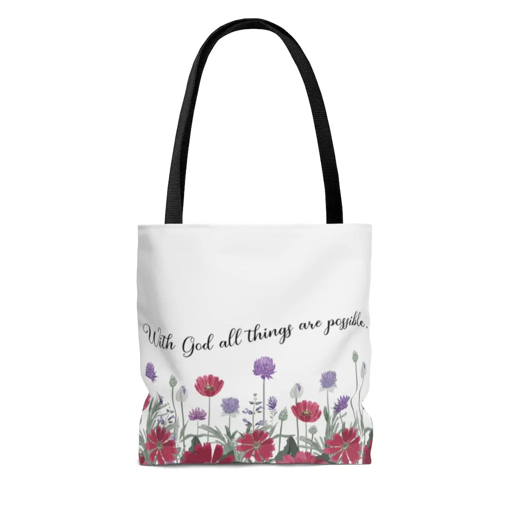 With God All Things Are Possible Red Flower Scripture Tote Bag Printify
