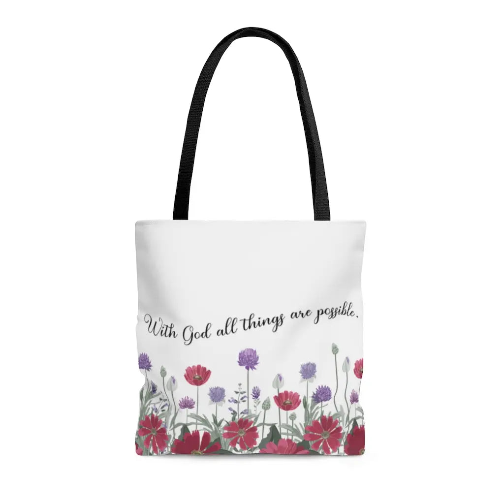 With God All Things Are Possible Red Flower Scripture Tote Bag Printify