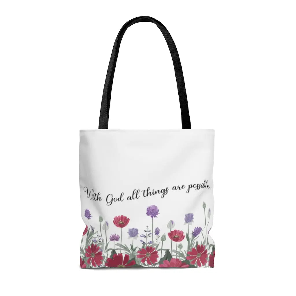 With God All Things Are Possible Red Flower Scripture Tote Bag Printify