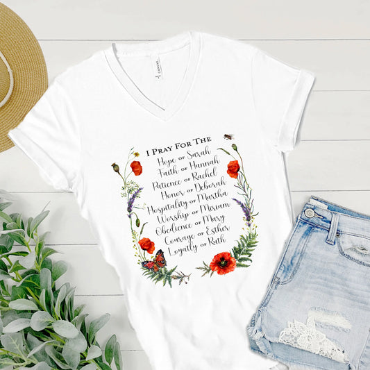 Women of the Bible V-neck T-shirt, Hope of Sarah, Faith of Hannah, Christian Tee Printify