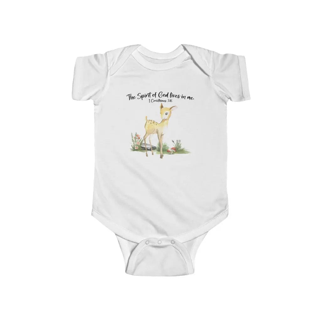 Woodland Animals Deer Scripture Personalized Baby Onesie | The Spirit of God Lives in Me I Corinthians 3:16 | Christian Baby Shower Baptism Gift Printify
