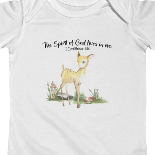 Woodland Animals Deer Scripture Personalized Baby Onesie | The Spirit of God Lives in Me I Corinthians 3:16 | Christian Baby Shower Baptism Gift Printify