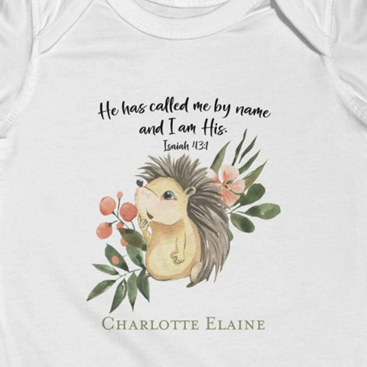 Woodland Animals Hedgehog Scripture Personalized Baby Onesie | He has Called me by Name and I am His Isaiah 43:1 | Christian Baby Shower Gift Amazing Faith Designs