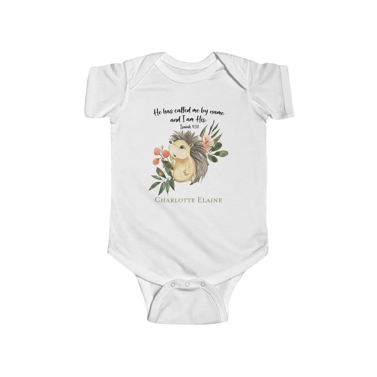 Woodland Animals Hedgehog Scripture Personalized Baby Onesie | He has Called me by Name and I am His Isaiah 43:1 | Christian Baby Shower Gift Amazing Faith Designs