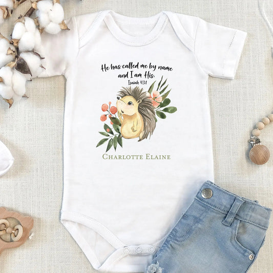 Woodland Animals Hedgehog Scripture Personalized Baby Onesie | He has Called me by Name and I am His Isaiah 43:1 | Christian Baby Shower Gift Amazing Faith Designs