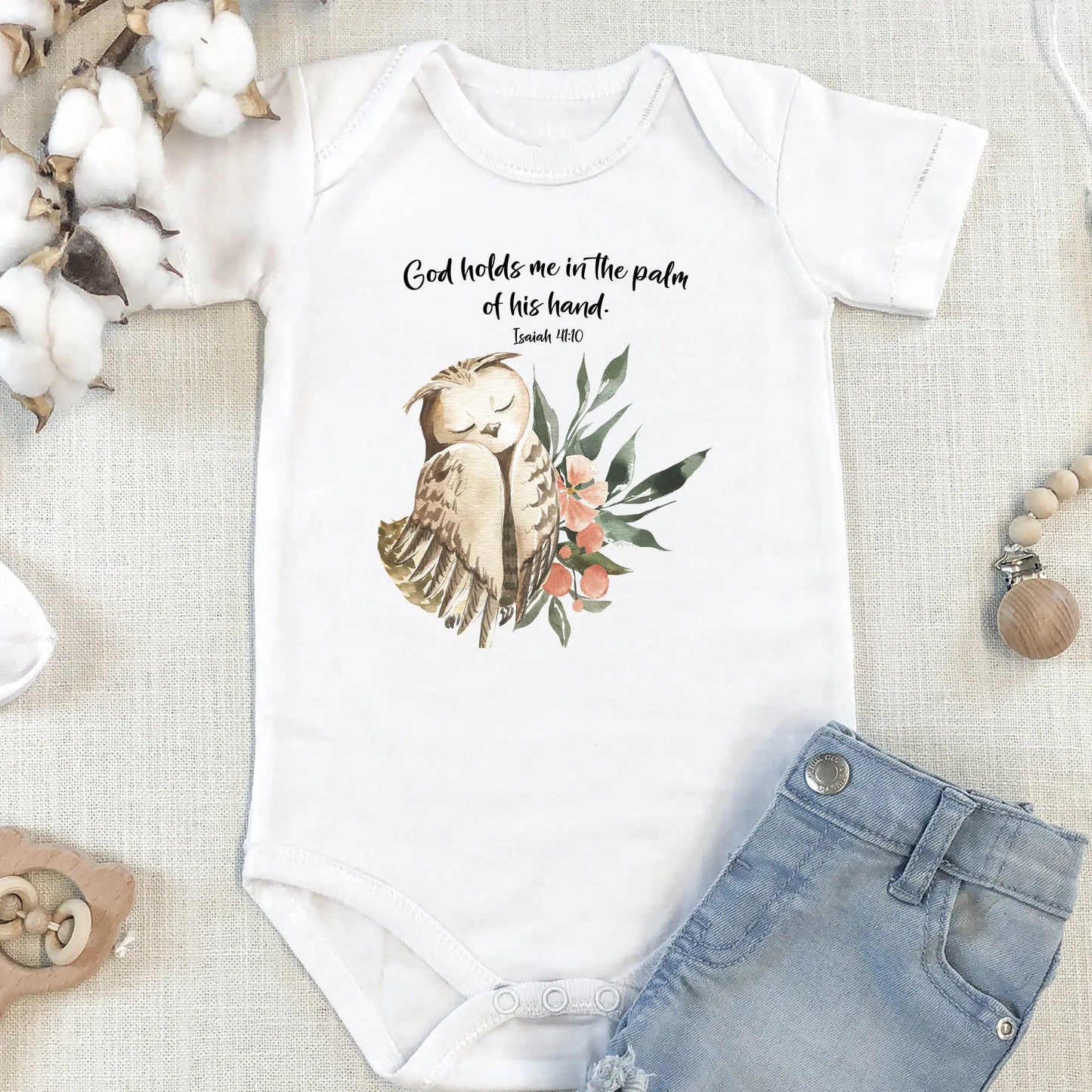 Woodland Animals Owl Scripture Personalized Baby Onesie | God Holds Me in the Palm of His Hand Isaiah 41:10 | Christian Baby Shower Gift Printify